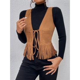 [Elegant Vest] Elegant Tassel Sleeveless Vest Jacket | Women's Medium Stretch Suede-Like Fabric, Adjustable Waist Tie & Fringe Hem, All-Season Versatile Layering Piece for Casual or Formal Outfits, Smooth Texture Finish