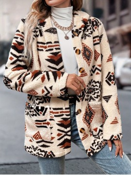 Women's Aztec Geometric Print Hooded Fleece Coat - Mid-Length Casual Winter Jacket with Front Pockets, Machine Washable & Single-Button Closure for Autumn/Winter Outings, Autumn Fashion, Ethnic Pattern Design, Durable Warmth