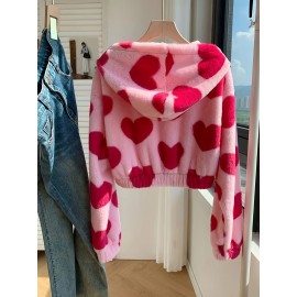 Women's Pink Heart Pattern Plush Hooded Jacket - Cozy Winter Zipper Front Casual Outerwear, Machine Washable Regular Fit Sleeve for Autumn & Winter