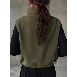 Women's Elegant High-Neck Sleeveless Zipper Jacket - Solid Color Olive Green Winter Coat, Full-Zip Closure, Structured Non-Stretch Design for Fall & Winter, Versatile Outerwear for Casual & Formal Occasions