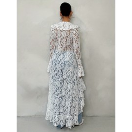 Spring-Summer Romantic Vacation Elegant Sheer Lace Trim Women's Long Thin Coat, Lightweight Coverup, Spring Fashion, Sheer Design, Delicate Detailing, Lace Overlay, Fine Stitching, Stylish Outerwear, Thin Jacket, Trendy Ladies, Summer Wardrobe