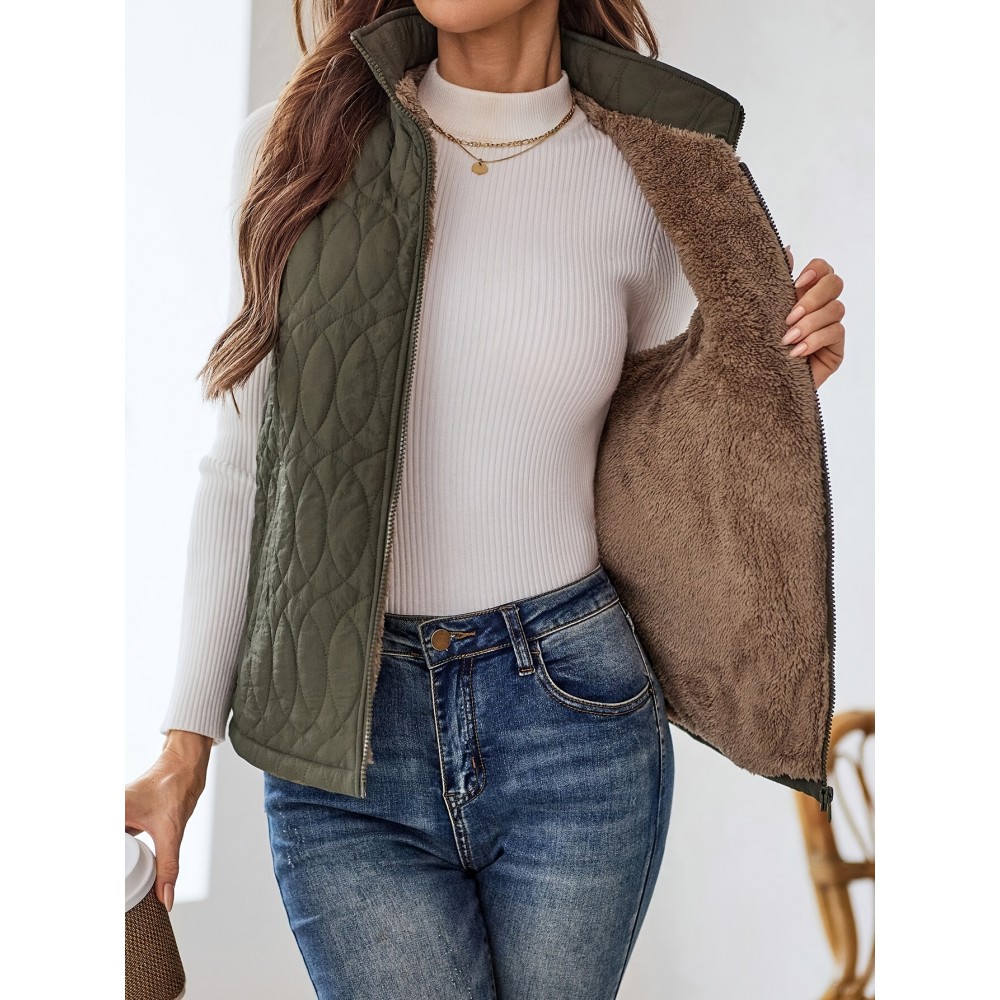 Elegant Women's Quilted Puffer Vest - Stand Collar, Button Front, Long Sleeve, Lightweight Polyester for Fall/Winter, Olive Green with Zip-Up Chest Pocket