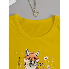 Women's Fox & Floral Graphic Print Long Sleeve T-Shirt - Soft Stretch Crew Neck Casual Top for Spring & Fall, Machine Washable Regular Fit, Medium Elasticity Shirt
