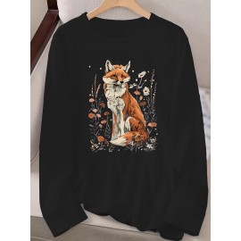 Women's Fox & Floral Graphic Print Long Sleeve T-Shirt - Soft Stretch Crew Neck Casual Top for Spring & Fall, Machine Washable Regular Fit, Medium Elasticity Shirt