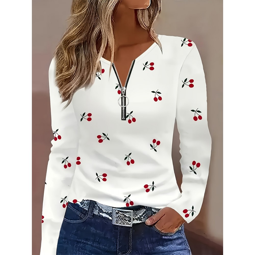 [Elegant Cherry Print T-Shirt] Elegant Women's Cherry Print Long Sleeve T-Shirt | Back Zipper, White with Red Cherry & Black Leaf Design, Round Neck Spring/Fall Layering Top, Regular Fit Casual to Semi-Formal Blouse