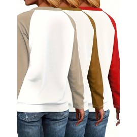 [3pcs Women's T-Shirt Set] 0623Gwen Women's 3pcs T-Shirt Set | Casual Color-Block Long Sleeve Tops, Solid Colors, Machine Washable, Wear Alone Layered, All Seasons, Autumn/Winter