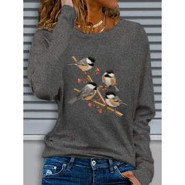 Women's Black Long Sleeve Crew Neck T-Shirt with White & Grey Titmouse Bird & Red Berry Graphic Print - Soft Casual Fall Winter Top, Machine Washable Everyday Comfortable Shirt for Nature-Inspired Outfits