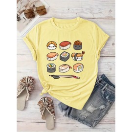Women'S Casual Sushi Print T-Shirt - Short Sleeve Crew Neck, Vibrant Japanese Food Design, Machine Washable, Perfect for Spring/Summer Outings & Beach Vacations, Beachwear Tshirt | Playful Print Top | Machine Washable Top, Sushi Tshirt
