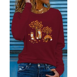 Women's Casual Long Sleeve Crew Neck T-Shirt - Fox & Autumn Leaves Graphic Print, Black with Orange Design, Medium Stretch, Machine Washable, All-Season Comfort Top, Naturethemed Apparel, Nontransparent Fabric