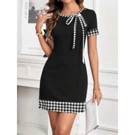 [Houndstooth Mini Dress] Women's Elegant Houndstooth Mini Dress, Polyester 100% Knit Fabric, Crew Neck with Bow Detail, Short Sleeve, Knee-Length Tiered Hem, Sleek Fit Bodycon Tunic for Spring/Summer/Fall