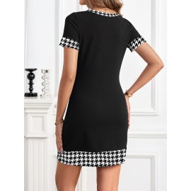 [Houndstooth Mini Dress] Women's Elegant Houndstooth Mini Dress, Polyester 100% Knit Fabric, Crew Neck with Bow Detail, Short Sleeve, Knee-Length Tiered Hem, Sleek Fit Bodycon Tunic for Spring/Summer/Fall