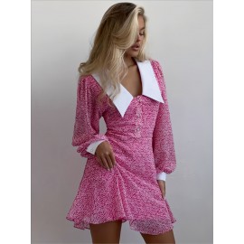 Women's Elegant Pink Floral Print Mini Dress with Peter Pan Collar & Long Sleeves - High-Waisted A-Line Button-Front Machine Washable All-Season Party & Casual Dress