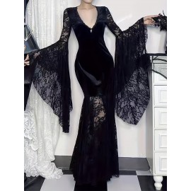 Women's Gothic Dark Halloween Long Dress with Contrast Lace and Velvet Patchwork, Sexy Niche Flared Sleeve Unique Design