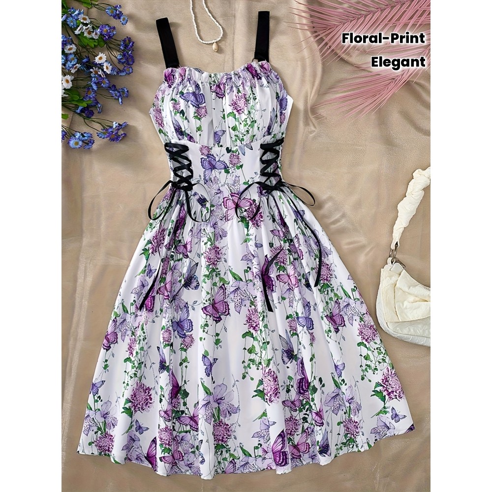 [Elegant Floral Dress] Elegant Floral A-Line Dress | Butterfly Accents, Adjustable Cross Straps, Ruched Waist, Perfect for Beach, Vacation, and Party Wear