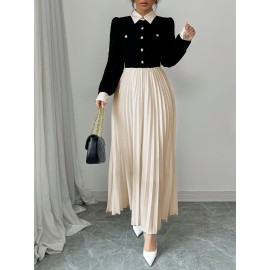 [Elegant Dress for Women] Golden Button Elegant Dress for Women with Contrasting Colors, Cinched Waist, Pleated Design and Long Sleeves, Perfect for Parties, Weddings, Music Festivals and Dates