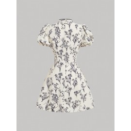 Elegant Black & White Floral Chinese-Style Short Dress with Puffed Sleeves - Waist-Cinching, Stand Collar, Perfect for Spring/Summer, Adult Women'S Fashion, Floral Dress | Stand Collar Dress | Puffed Sleeve Dress