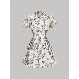 Elegant Black & White Floral Chinese-Style Short Dress with Puffed Sleeves - Waist-Cinching, Stand Collar, Perfect for Spring/Summer, Adult Women'S Fashion, Floral Dress | Stand Collar Dress | Puffed Sleeve Dress