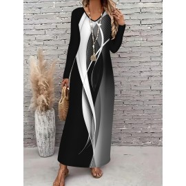 Elegant Women'S V-Neck Long Sleeve Dress with Artistic Ellipse Print - Black & Gray Polyester, Flowy A-Line Cut, Perfect for Fall/Winter Fashion, Stylish Outfit | Flowy A-Line Dress | Polyester Fabric