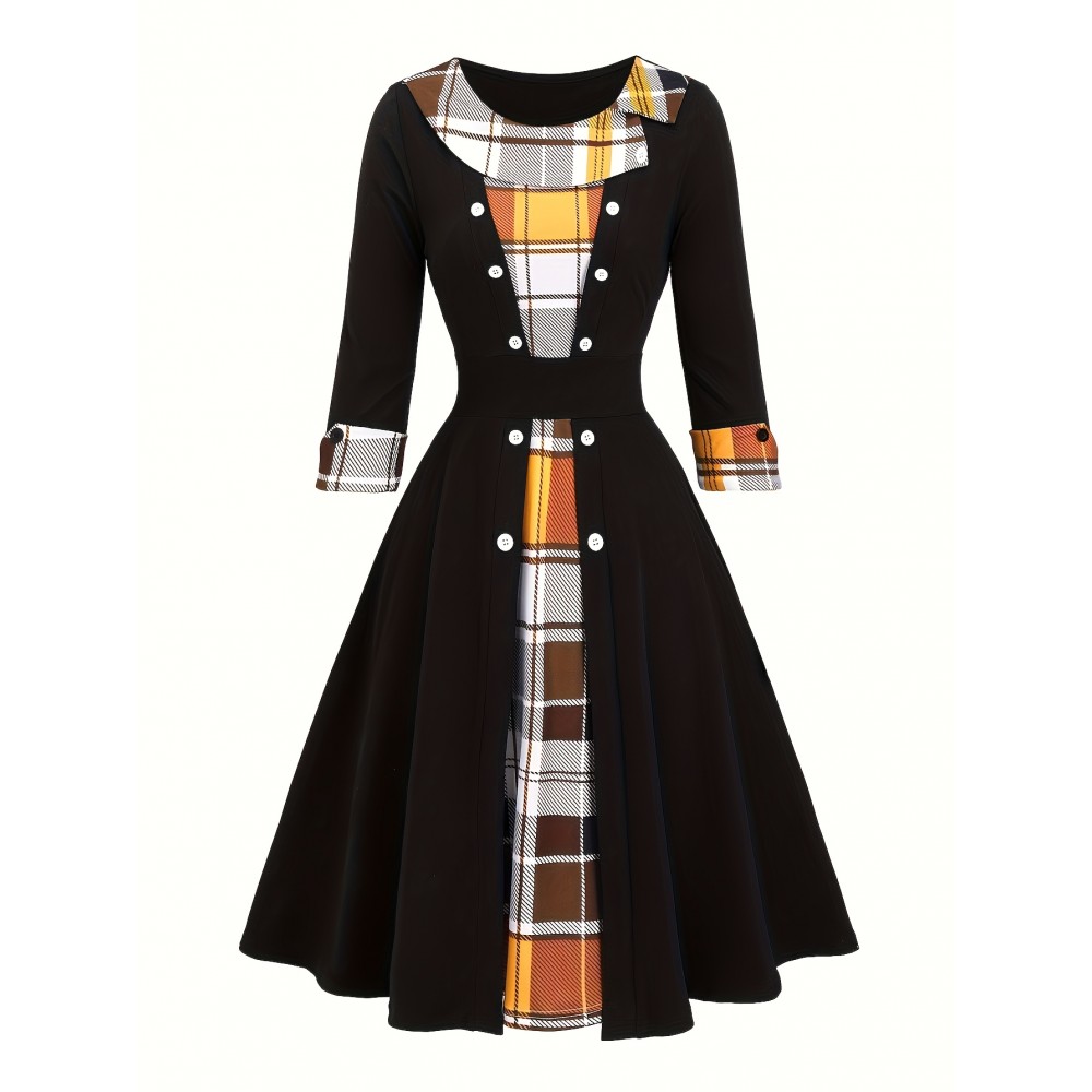 Patchwork Checkered Faux Two-Piece Vintage Dress