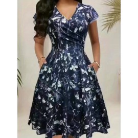 [Navy Blue Floral Dress] Polyester Blend Women's Navy Blue Floral Print V-Neck Midi Dress with Short Sleeves and Pockets | Casual Dress, Floral Print Dress, Perfect for Spring, Summer, and Fall
