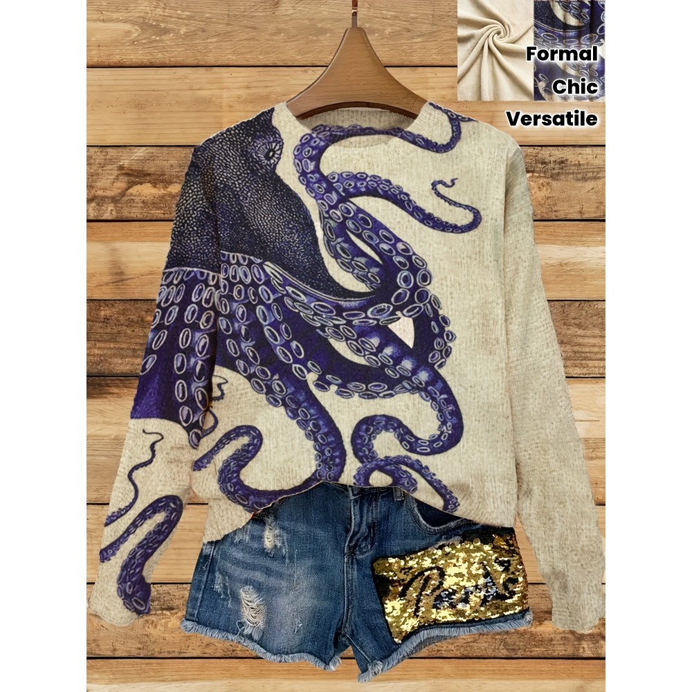 Women's Sweater - Long Sleeve Pullover Sweater with Navy Blue Octopus Tentacle Print, Elegant Casual Chic Sweater for Everyday Formal Outfits, Versatile Clothing, Unique Design, Soft Texture, Printed Top, Trend Followers