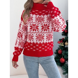 1pc Acrylic Elegant High Neck Long Sleeve Christmas Sweater for Women - Color Block Knit Fabric with Snowflake Pattern, Fall/Winter Season Pullover
