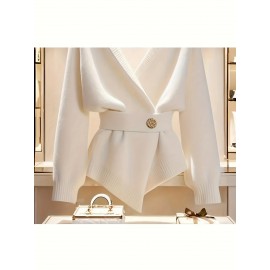 Women's White V-Neck Adjustable Belted Cardigan with Golden Buckle Detail - Soft Long Sleeve Elegant Casual Layering Pullover for Spring and Autumn, Fashionable Weekend Wear