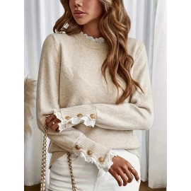 Women's Elegant Beige Sweater - Soft Long Sleeve Pullover for Everyday, Office, Party - Machine Washable Chic Sweater, All-Season Women's Clothing, Office Wear, Sophisticated Design, Comfortable Material, Stylish Top, Office Attire