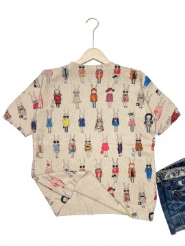 [All-Over Print] [Thin] [Sweater] All-Over Print Rabbit Woman Pattern Thin, Casual Crew Neck Short Sleeve Sweater, Women's Clothing Mother's Day Gift