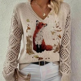 [Elegant Bohemian Top] Bohemian Elegant V-Neck Long Sleeve Top for Women | Animal Print, All-Season Versatile Pullover Sweater - Ideal for Office, Streetwear, Home, and Travel