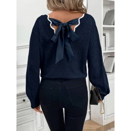 Women'S Elegant French-Inspired V-Neck Sweater with Back Bow - Long Sleeve Loose Fit Pullover, Soft & Brown Color Block Design, Fall/Winter Casual Chic Sweater, Sweater For Winter, Fall Fashion, Sophisticated Style, Quality Stitching, Stylish Top