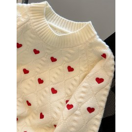 Women's Cozy Winter Sweater with Red Heart Patterns - Cute Round Neck Pullover, Soft Warm for Fall & Winter, Casual Chic Outfits, Cute Sweater, Comfortable Outfit, Details