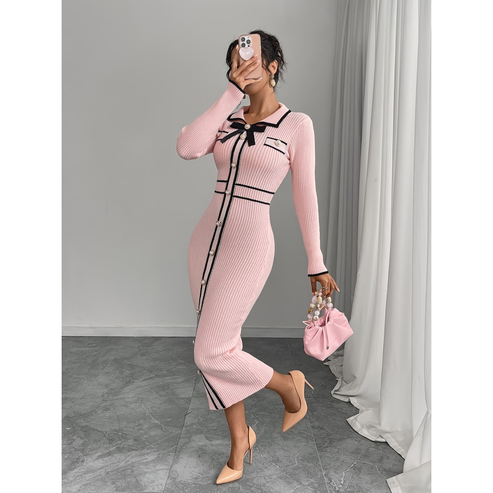 Women'S Elegant Dress - Soft Pink Formal & Casual Outfit with Button Front, Flattering Fit for Office, Parties, Tea Dates - Chic Women'S Clothing, Office Attire, Sophisticated Design, Premium Quality, Bow Detail, Fashion Lovers