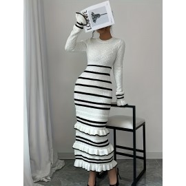 Women's Elegant Striped Dress - Slim Fit Waist-Cinching Bodycon with Ruffled Hem, Black & White Horizontal Stripes, Round Neck Long Sleeve Fall Winter Fashion, Dress