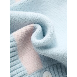 [Cute Sweater] Cozy White Hooded Cardigan Sweater | Women's Casual Pullover with Pastel Rainbow Stripes, Button Front Placket & Pom-Pom Detail, Medium Elasticity, Relaxed Fit, Comfortable Texture, Stylish, Fall Winter Layering Piece
