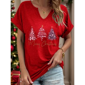 [Festive Christmas Tree Print Tee ] Women'S Christmas Tree Print T-Shirt, Polyester Blend, V-Neck, Short Sleeve, Knit Fabric, Casual Pullover with Slight Stretch, for Festive Holiday Top