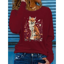 Women's Fox & Floral Graphic Print Long Sleeve T-Shirt - Soft Stretch Crew Neck Casual Top for Spring & Fall, Machine Washable Regular Fit, Medium Elasticity Shirt