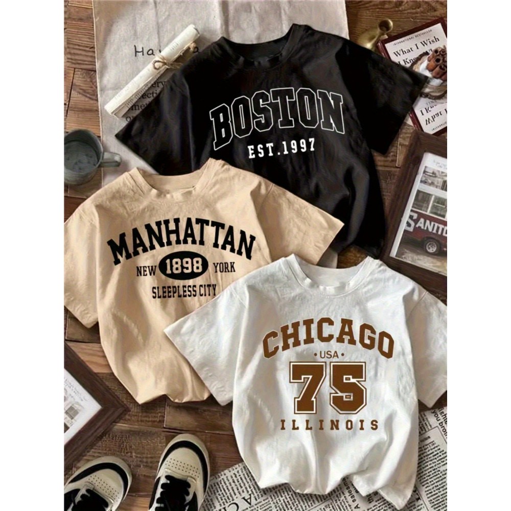 Mother'S Day, Cartoon Love Element Print T-Shirt Three-piece Set, Summer and Spring Short Sleeve Round Neck Casual Top Multi Set, Women'S Clothin