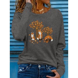 Women's Casual Long Sleeve Crew Neck T-Shirt - Fox & Autumn Leaves Graphic Print, Black with Orange Design, Medium Stretch, Machine Washable, All-Season Comfort Top, Naturethemed Apparel, Nontransparent Fabric