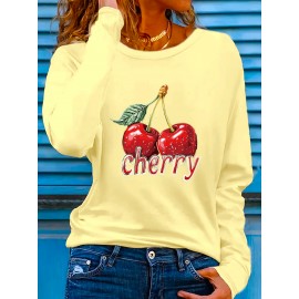 Women'S Cherry Graphic Long Sleeve T-Shirt - Vibrant Red Cherry Print, Casual Crew Neck, Machine Washable, Spring/Summer Vacation Top, Cherry Tshirt