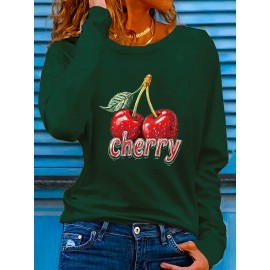 Women'S Cherry Graphic Long Sleeve T-Shirt - Vibrant Red Cherry Print, Casual Crew Neck, Machine Washable, Spring/Summer Vacation Top, Cherry Tshirt
