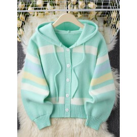 [Cute Sweater] Cozy White Hooded Cardigan Sweater | Women's Casual Pullover with Pastel Rainbow Stripes, Button Front Placket & Pom-Pom Detail, Medium Elasticity, Relaxed Fit, Comfortable Texture, Stylish, Fall Winter Layering Piece